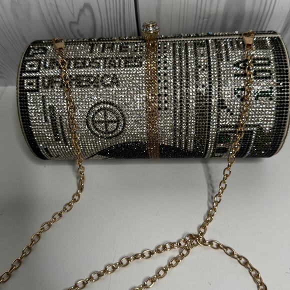 Money Roll Clutch Rhinestone Purse Handbag One Hundred $ - Picture 1 of 11